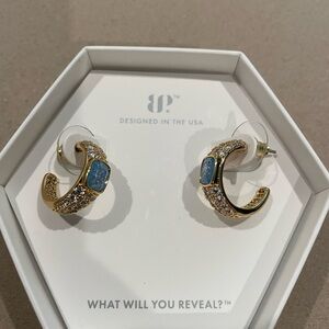 BP Gold Hoop Earrings with Blue Stone Accents